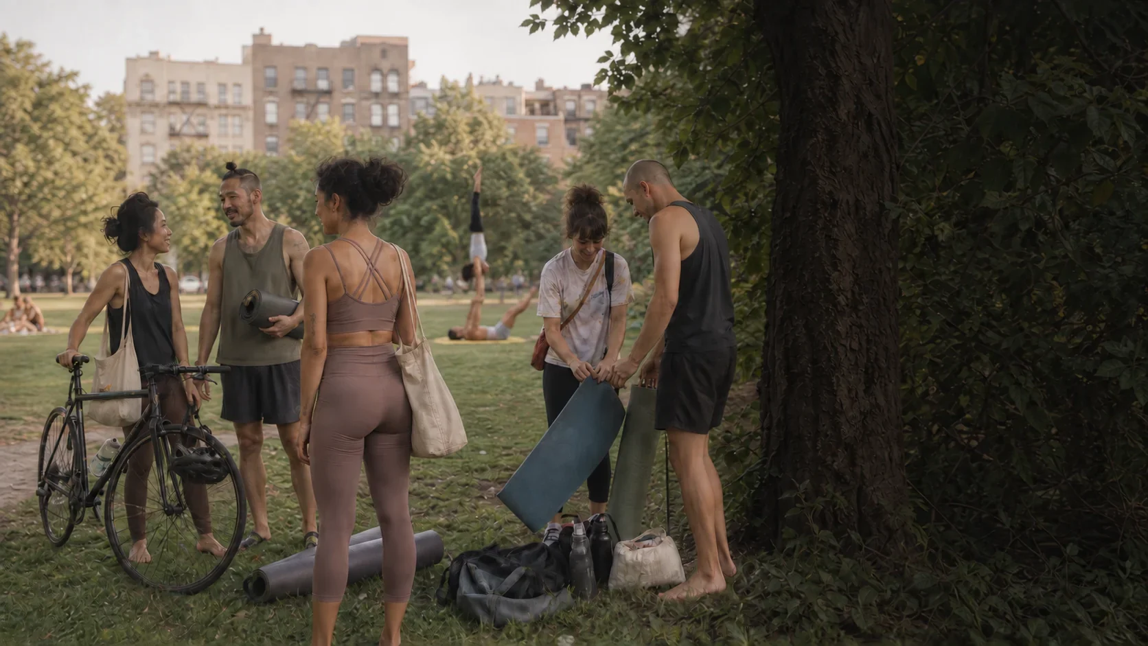 Friends meet beside a bicycle while a pair practices in the park.