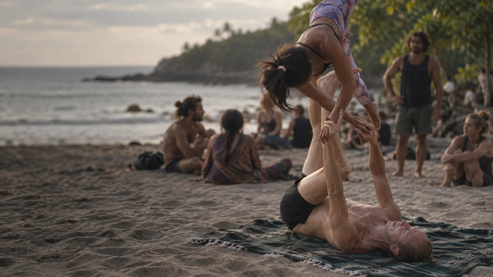 A base and flyer practice together at a beach jam.